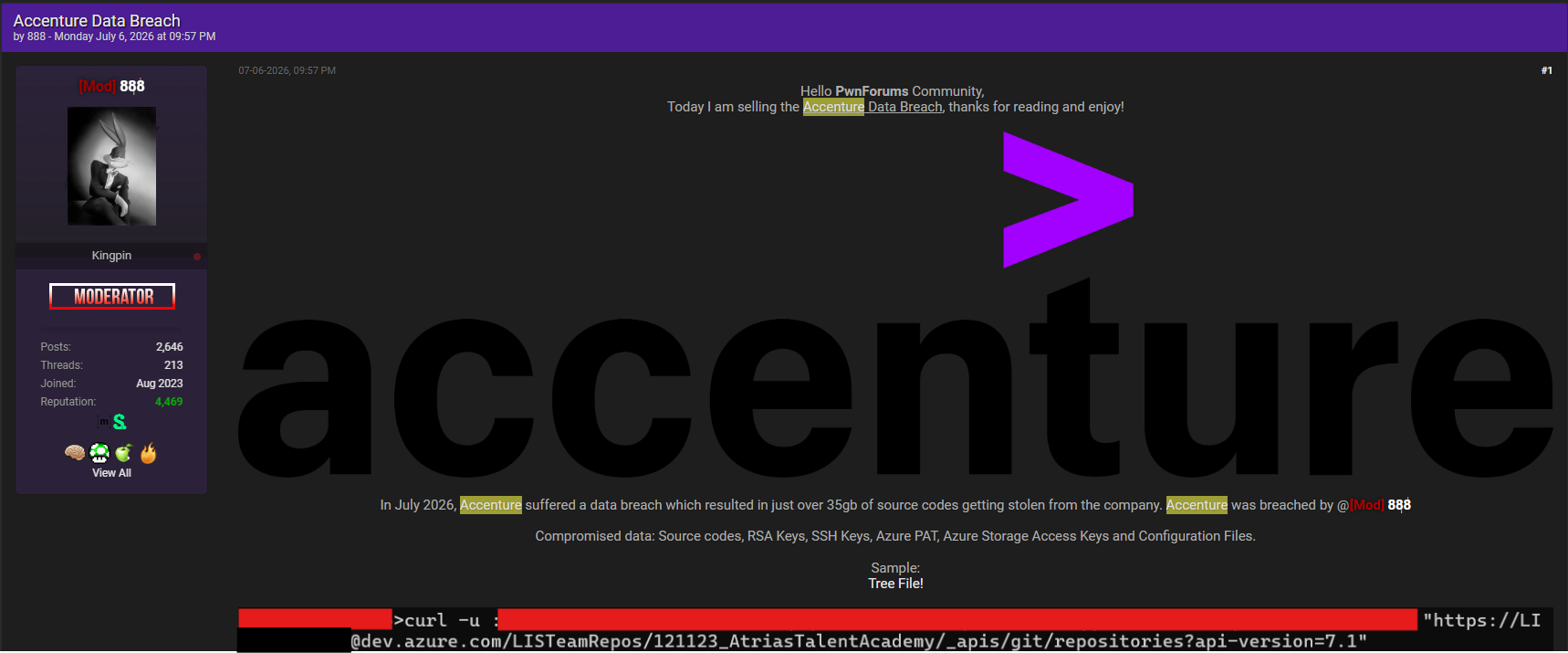 PwnForums screenshot of hacker 888 selling 35GB of stolen Accenture source code and Azure Personal Access Tokens