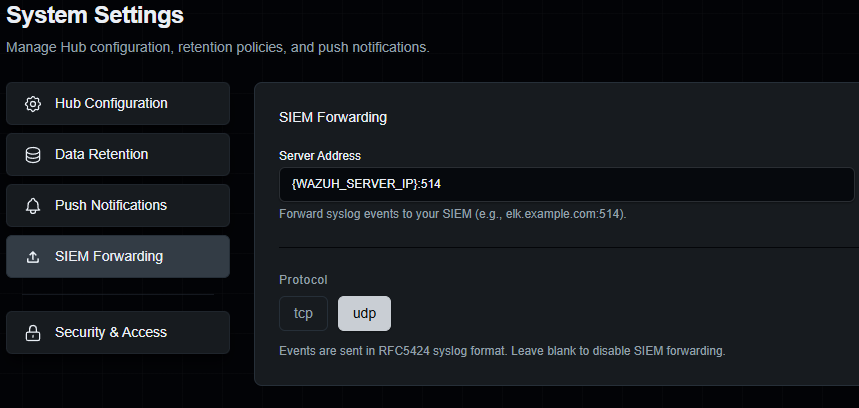 HoneyWire SIEM Forwarding Settings
